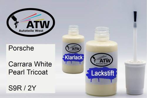 Porsche, Carrara White Pearl Tricoat, S9R / 2Y: 20ml Lackstift + 20ml Klarlack - Set, von ATW Autoteile West.